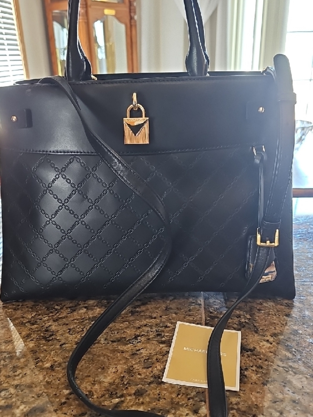Michael Kors Gramercy Embossed Black Quilted Tote Handbag with Gold Lock - Picture 10 of 11